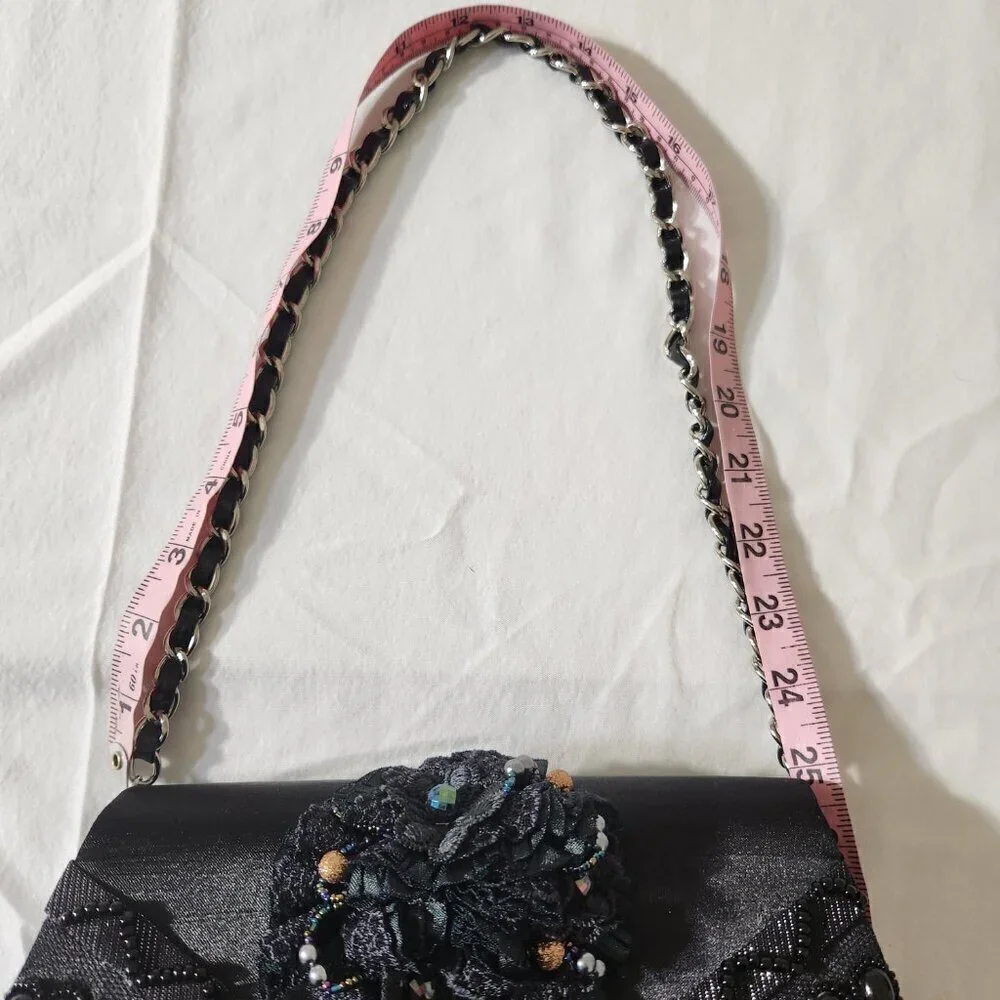 Women Vintage Small Black Satin Beaded Evening Shoulder Clutch Bag Formal Party